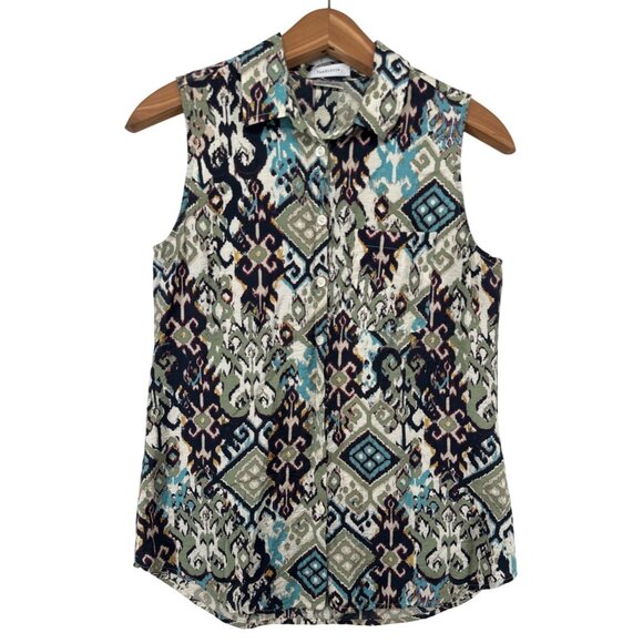 Van Heusen Womens Top Sz S Green/Brown Ikat Sleeveless Tank Boho Lightwt Artsy - Picture 1 of 10